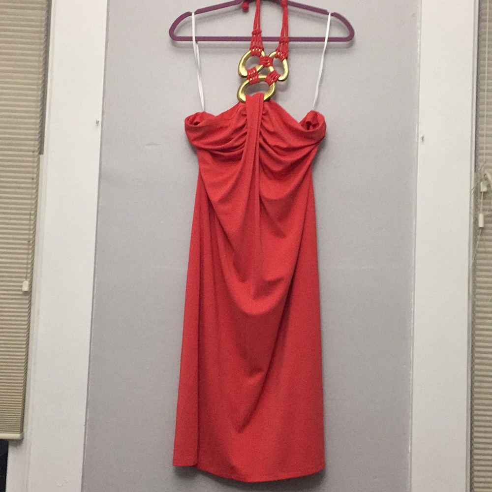 Josie Natori Coral Halter Dress w/ Gold necklace